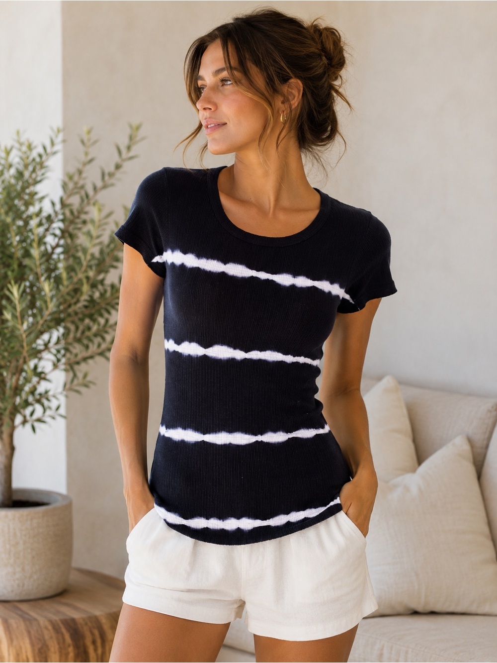 Sundry Black White Tie Dye Ribbed Tee Short Sleeve Stretch Top Size 2